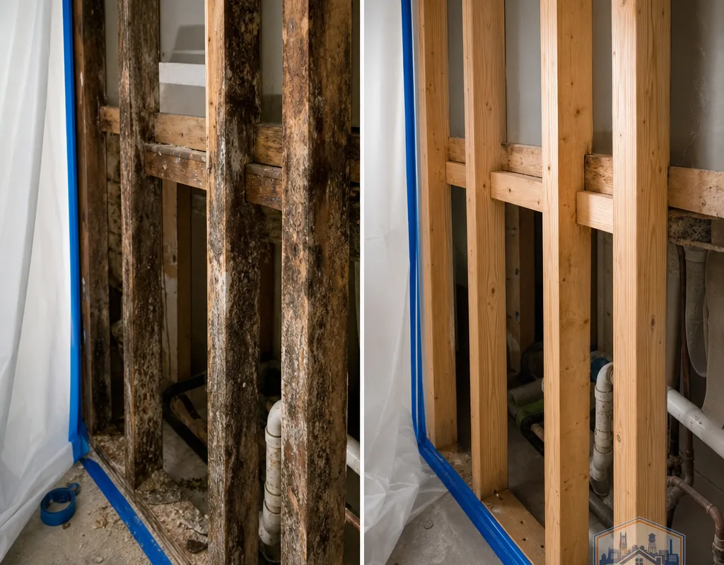 Before-and-after view of mold-affected framing and the cleaned framing after remediation