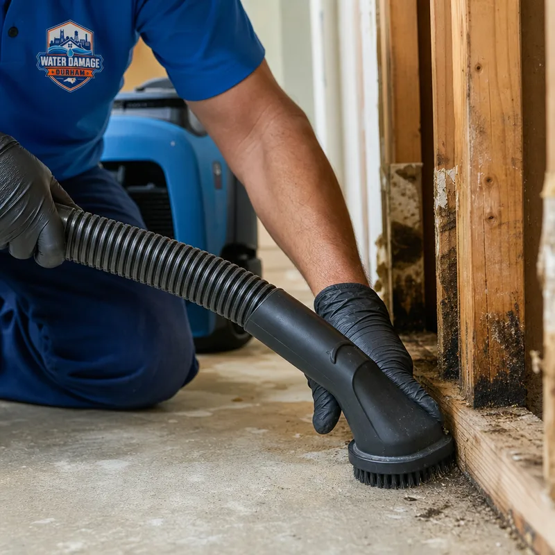 Technician HEPA vacuuming exposed framing and a sill plate inside containment