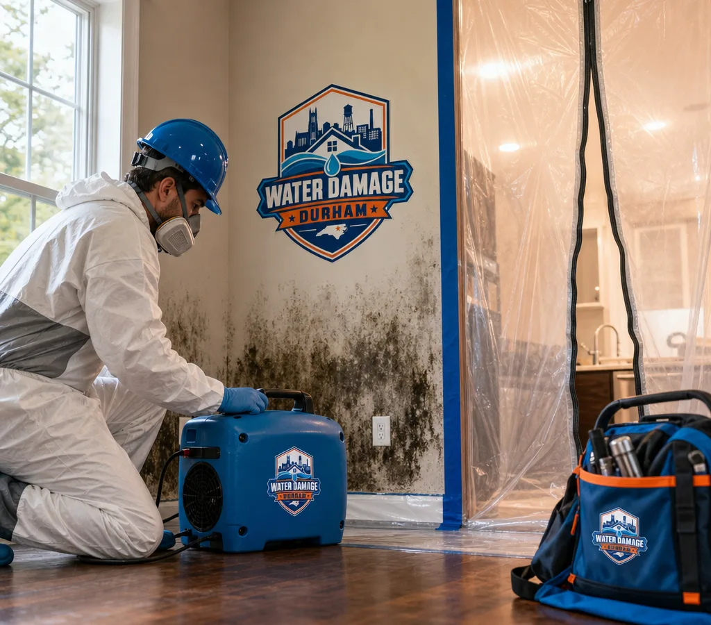 Certified technician setting up containment and a HEPA air scrubber in a Durham home