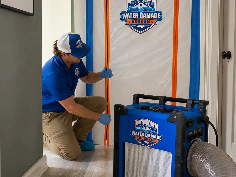 Sealed containment doorway and HEPA negative air machine in a residential hallway