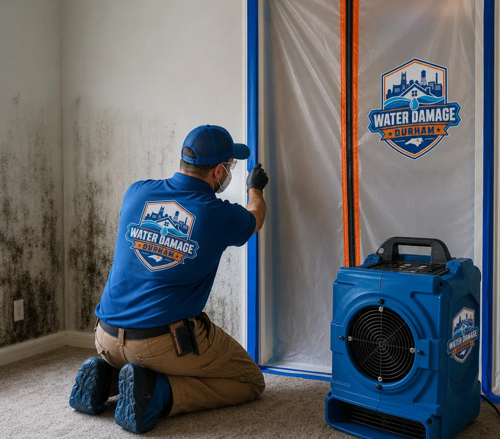 Technician setting up containment and negative air equipment in a residential room with mold-stained drywall