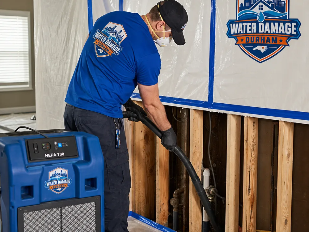 Contained work area with a HEPA air scrubber and technician cleaning exposed wall studs