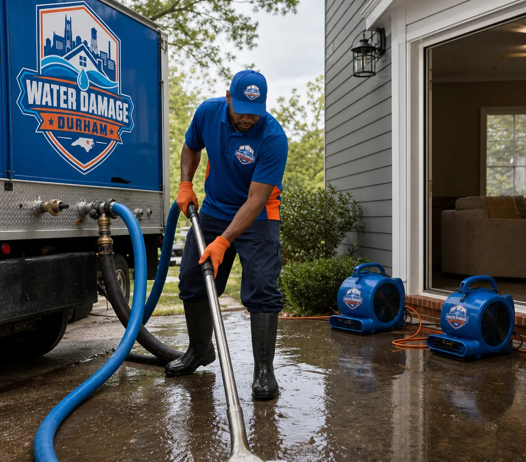 Technician extracting standing water from a Durham home and placing air movers