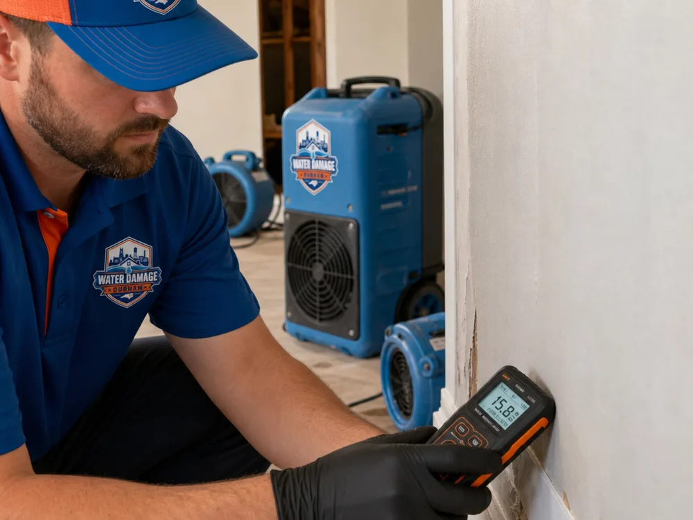 Moisture meter checking drywall and baseboard while dehumidifiers operate