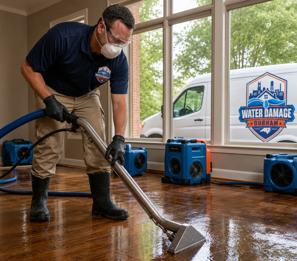 Restoration technician extracting water from a flooded hardwood floor in a Durham home with air movers staged nearby
